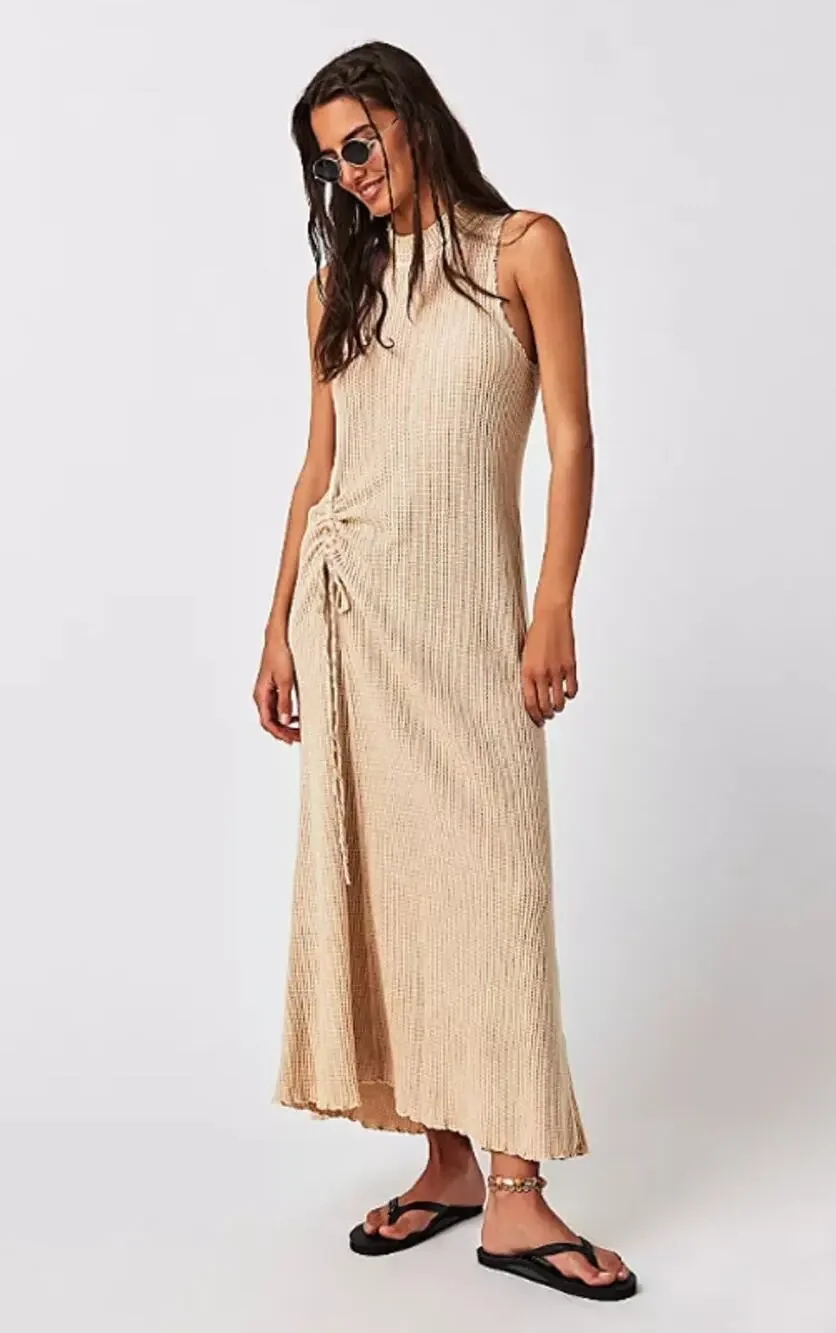 FP ONE Natasha Sleeveless Dress Beige Maxi Column Waffle Knit Women's L